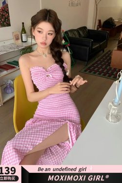 Sweet Pink Checkered Strapless Fitted Dress - High-End Feel, Niche Design, Hot Girl Style, Trendy 90s Inspired Fashion