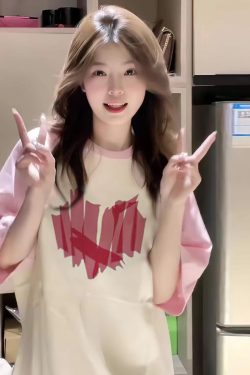 Sweet Pink Shoulder-Split Short Sleeve T-Shirt for Summer - Patchwork Style for Girls and Teens