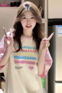 Sweet Pink Shoulder-Split Short Sleeve T-Shirt for Summer - Patchwork Style for Girls and Teens