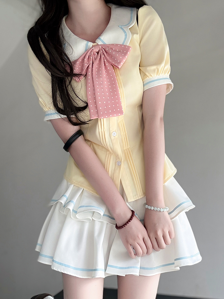Sweet Style Short Sleeve Sailor Suit Set with Cake Skirt - 2025 Summer Pudding Bear JK Uniform Fashion for Y2K & Korean Style Lovers Sweet Style Short Sleeve Sailor Suit Set with Cake Skirt - 2025 Summer Pudding Bear JK Uniform Fashion for Y2K & Korean Style Lovers