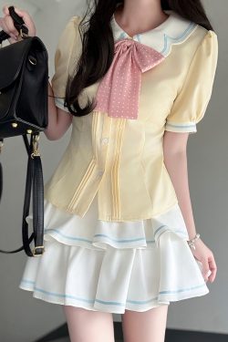 Sweet Style Short Sleeve Sailor Suit Set with Cake Skirt - 2025 Summer Pudding Bear JK Uniform Fashion for Y2K & Korean Style Lovers