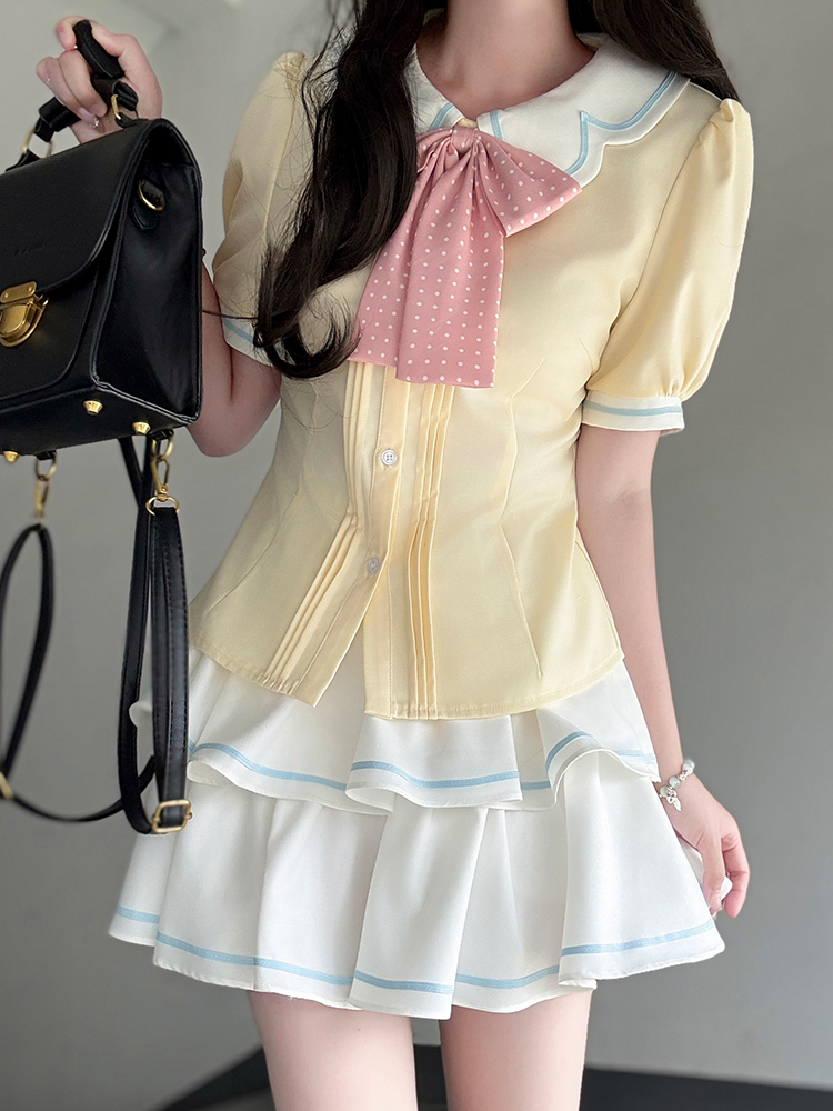 Sweet Style Short Sleeve Sailor Suit Set with Cake Skirt - 2025 Summer Pudding Bear JK Uniform Fashion for Y2K & Korean Style Lovers Sweet Style Short Sleeve Sailor Suit Set with Cake Skirt - 2025 Summer Pudding Bear JK Uniform Fashion for Y2K & Korean Style Lovers