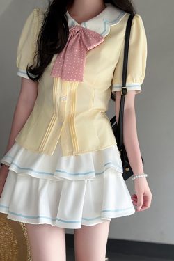 Sweet Style Short Sleeve Sailor Suit Set with Cake Skirt - 2025 Summer Pudding Bear JK Uniform Fashion for Y2K & Korean Style Lovers