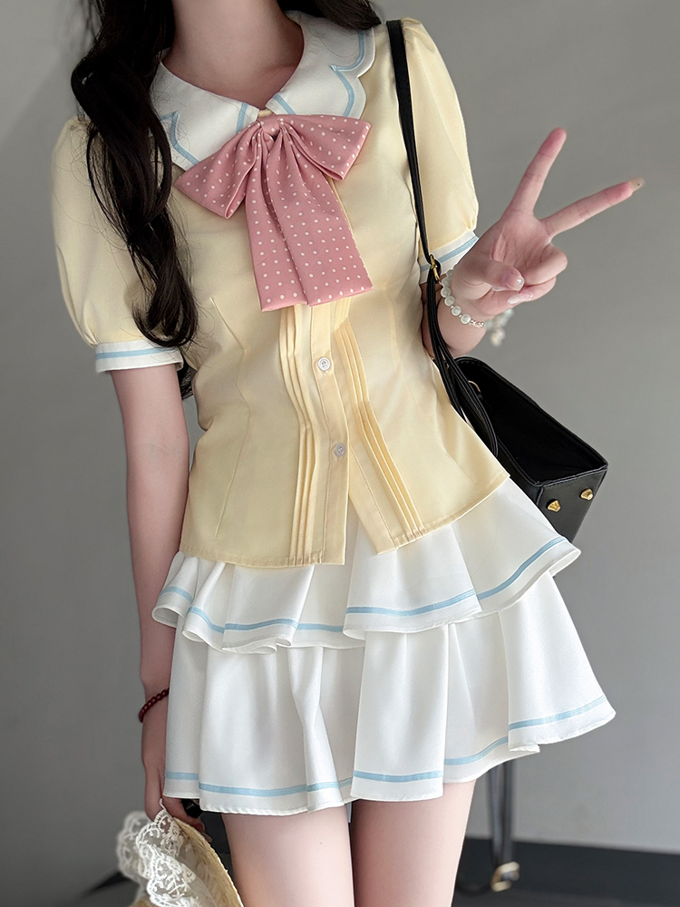 Sweet Style Short Sleeve Sailor Suit Set with Cake Skirt - 2025 Summer Pudding Bear JK Uniform Fashion for Y2K & Korean Style Lovers Sweet Style Short Sleeve Sailor Suit Set with Cake Skirt - 2025 Summer Pudding Bear JK Uniform Fashion for Y2K & Korean Style Lovers