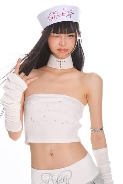 Sweet Style Strapless Crop Top and Sleeve Set with Bowknot, Pearl, and Rhinestone Details – Perfect for Early Autumn Fashion