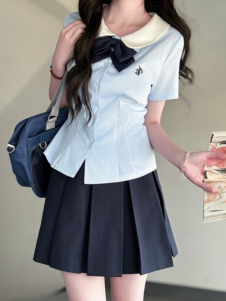 Sweet Waist-Defining Slim Fit Women's Short Sleeve JK Uniform Shirt Top with Pudding Bear Design - Summer College Style Sweet Waist-Defining Slim Fit Women's Short Sleeve JK Uniform Shirt Top with Pudding Bear Design - Summer College Style