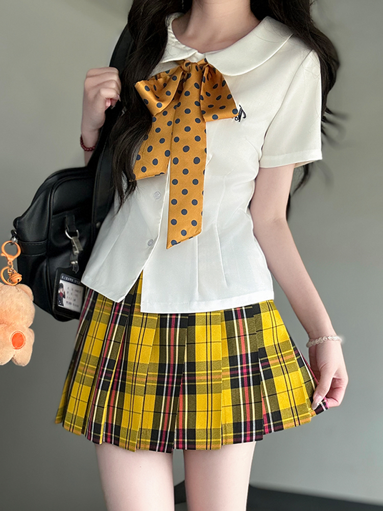 Sweet Waist-Defining Slim Fit Women's Short Sleeve JK Uniform Shirt Top with Pudding Bear Design - Summer College Style Sweet Waist-Defining Slim Fit Women's Short Sleeve JK Uniform Shirt Top with Pudding Bear Design - Summer College Style