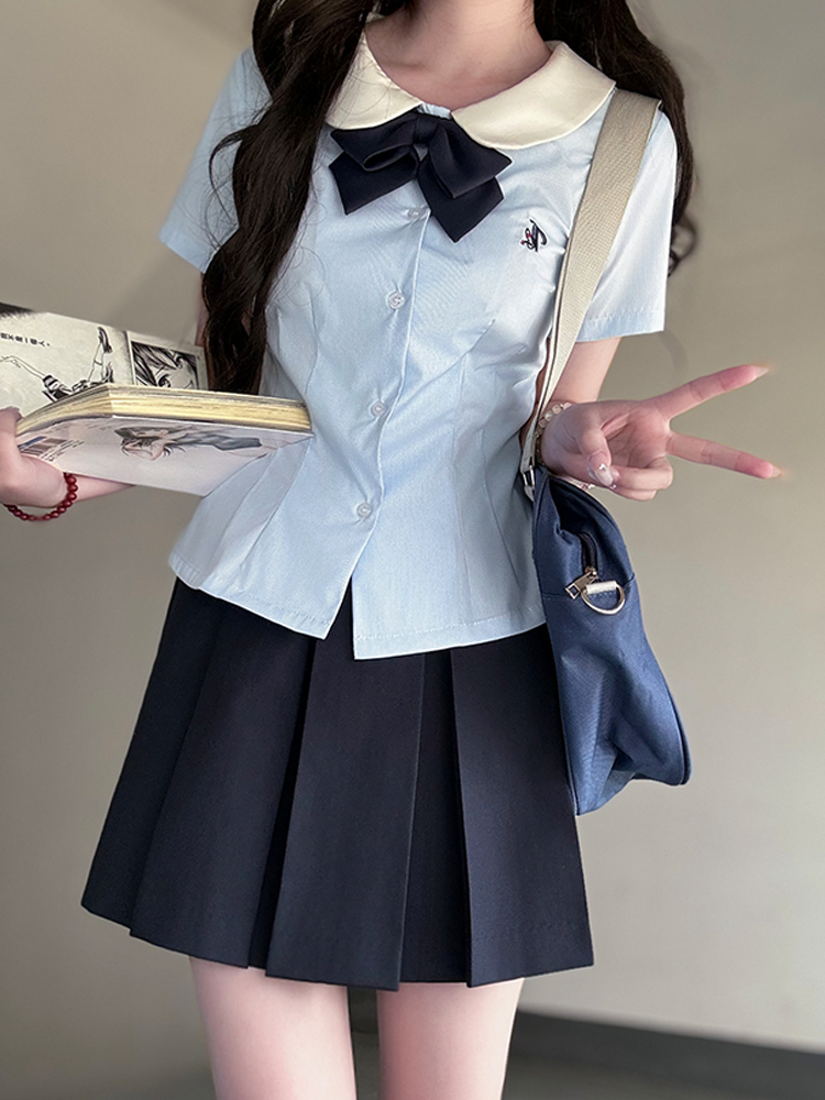 Sweet Waist-Defining Slim Fit Women's Short Sleeve JK Uniform Shirt Top with Pudding Bear Design - Summer College Style Sweet Waist-Defining Slim Fit Women's Short Sleeve JK Uniform Shirt Top with Pudding Bear Design - Summer College Style