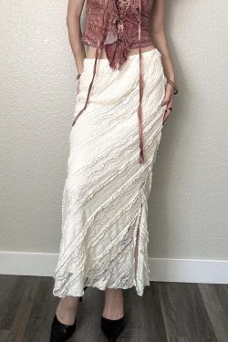 Textured Lace Long Dress for Women - Ethnic Style Vintage High-Slit Fitted Skirt, Perfect for Boho or Y2K Fashion Enthusiasts