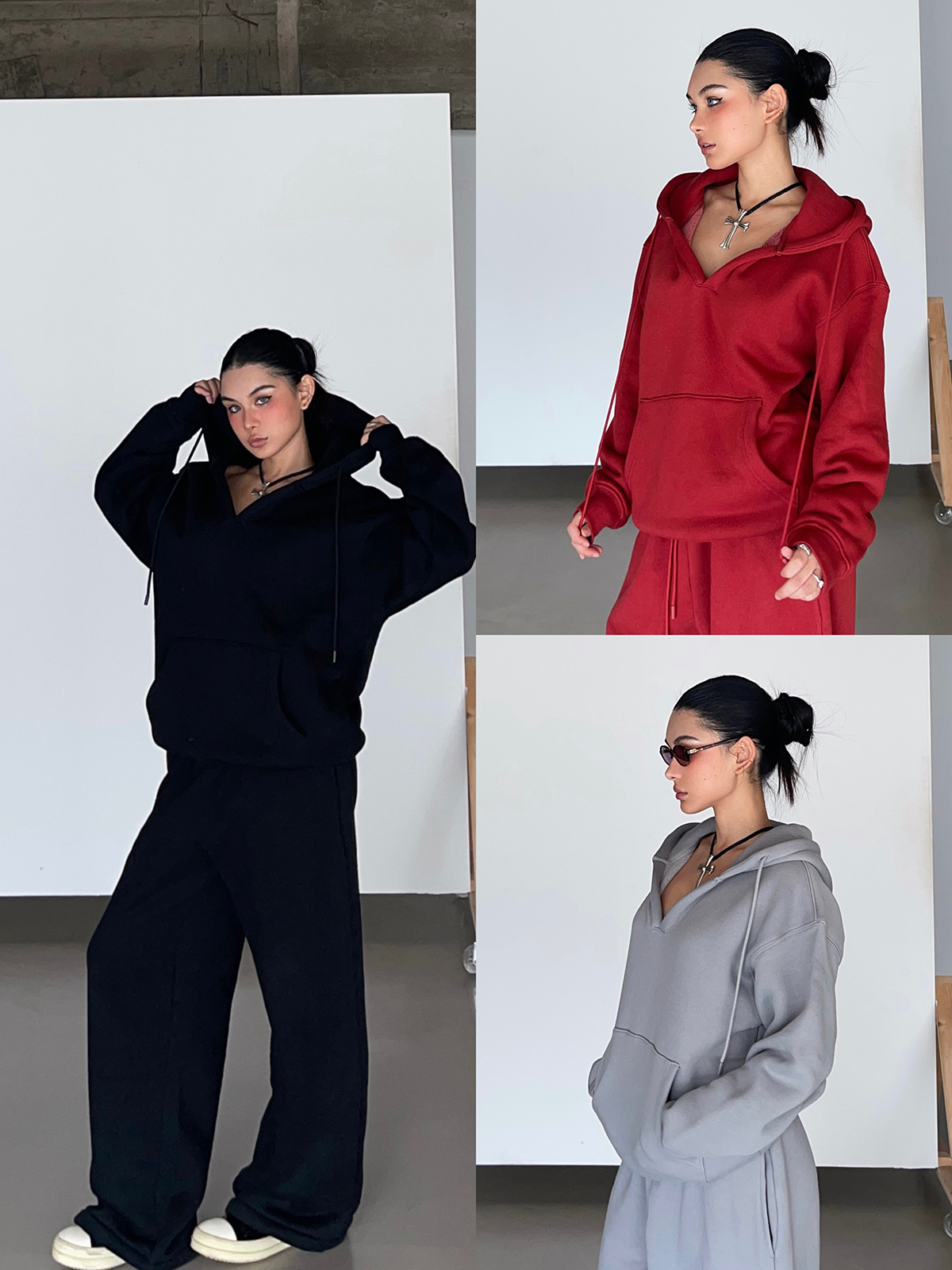 Thick Fleece V-Neck Hoodie for Cold Weather - Super Warm Loose Fit - Cozy Lazy Style - Available in 3 Colors Thick Fleece V-Neck Hoodie for Cold Weather - Super Warm Loose Fit - Cozy Lazy Style - Available in 3 Colors