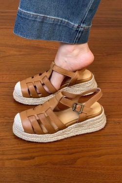 Thick Sole Open-Toe Sandals for Women - Summer 2025 Roman Style Hollow Pig Cage Cowhide Footwear