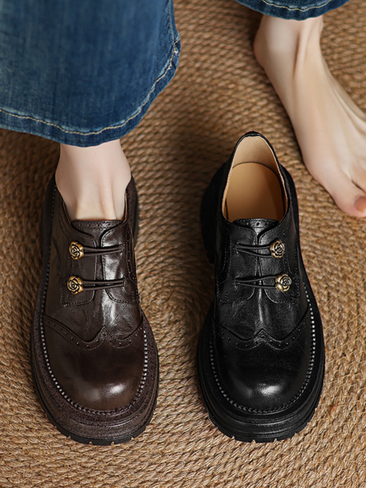 Thick-Soled Deep-Cut Leather Loafers for Women, 2025 Spring Fashion, Sheepskin Camellia Design, Trendy Y2K Style Thick-Soled Deep-Cut Leather Loafers for Women, 2025 Spring Fashion, Sheepskin Camellia Design, Trendy Y2K Style