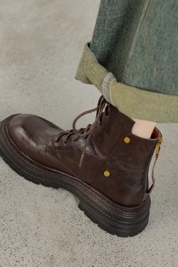 Thick-Soled Lace-Up Brown Martin Boots for Women - Small Lambskin Round-Toe Short Boots for Autumn Winter 2024