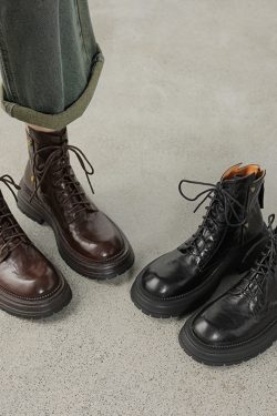 Thick-Soled Lace-Up Brown Martin Boots for Women - Small Lambskin Round-Toe Short Boots for Autumn Winter 2024