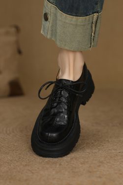 Thick-Soled Lace-Up Flats for Women, Deep Mouth Round-Toe Loafers, Sheepskin Leather, Spring 2025, Stylish Casual Footwear