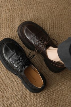 Thick-Soled Lace-Up Flats for Women, Deep Mouth Round-Toe Loafers, Sheepskin Leather, Spring 2025, Stylish Casual Footwear