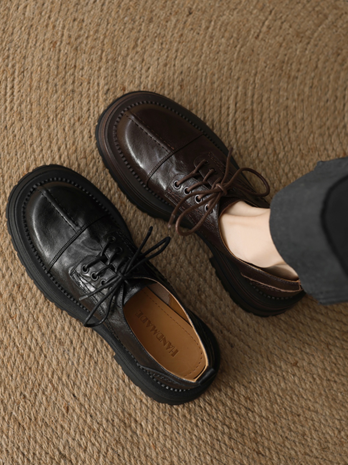 Thick-Soled Lace-Up Flats for Women, Deep Mouth Round-Toe Loafers, Sheepskin Leather, Spring 2025, Stylish Casual Footwear Thick-Soled Lace-Up Flats for Women, Deep Mouth Round-Toe Loafers, Sheepskin Leather, Spring 2025, Stylish Casual Footwear