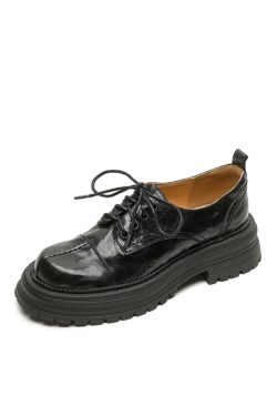 Thick-Soled Lace-Up Flats for Women, Deep Mouth Round-Toe Loafers, Sheepskin Leather, Spring 2025, Stylish Casual Footwear