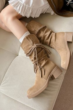 Thick-Soled Retro Knight Boots for Women, Genuine Leather Cowhide, Suede Tassel, Chunky Heel, Mid-Calf, Y2K Style