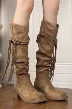 Thick-Soled Retro Knight Boots for Women, Genuine Leather Cowhide, Suede Tassel, Chunky Heel, Mid-Calf, Y2K Style