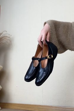 Thick-Soled Retro Sheepskin Mary Jane Shoes with T-Strap, Square Toe Leather Loafers for Women, Height-Increasing Fashion Footwear