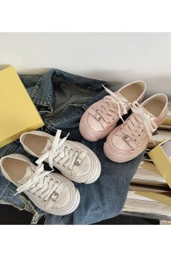 Thick-Soled Sheepskin Lace-Up Vintage White Sneakers for Women - Versatile Sports Casual Shoes, Trendy 90s Style