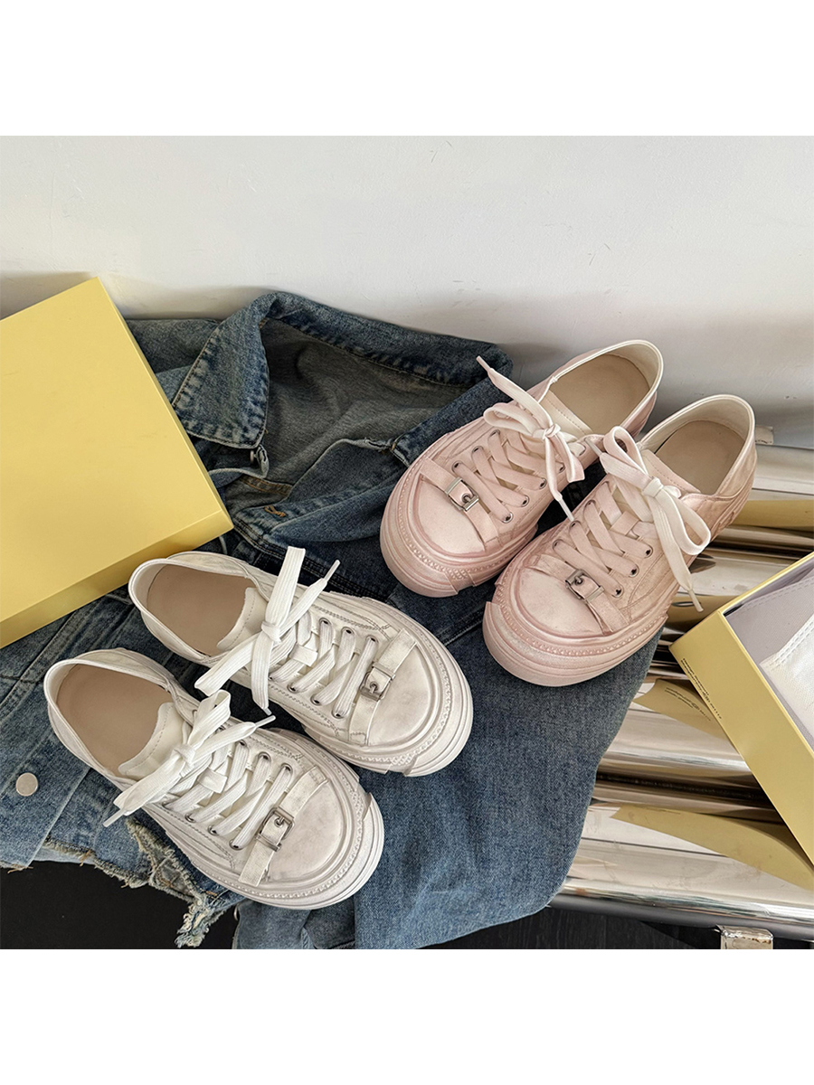 Thick-Soled Sheepskin Lace-Up Vintage White Sneakers for Women - Versatile Sports Casual Shoes, Trendy 90s Style Thick-Soled Sheepskin Lace-Up Vintage White Sneakers for Women - Versatile Sports Casual Shoes, Trendy 90s Style