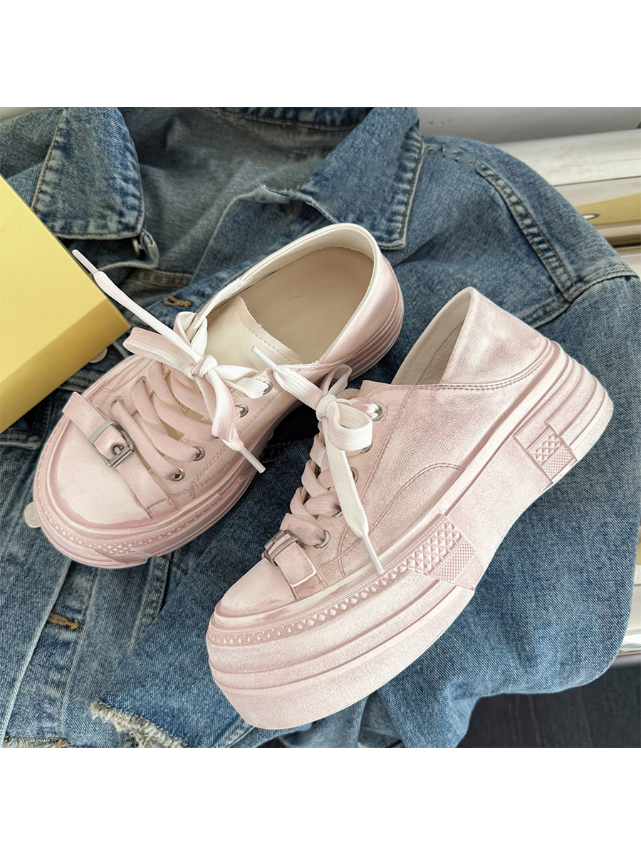 Thick-Soled Sheepskin Lace-Up Vintage White Sneakers for Women - Versatile Sports Casual Shoes, Trendy 90s Style Thick-Soled Sheepskin Lace-Up Vintage White Sneakers for Women - Versatile Sports Casual Shoes, Trendy 90s Style