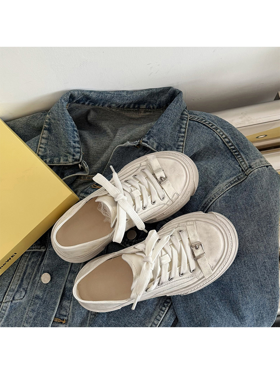 Thick-Soled Sheepskin Lace-Up Vintage White Sneakers for Women - Versatile Sports Casual Shoes, Trendy 90s Style Thick-Soled Sheepskin Lace-Up Vintage White Sneakers for Women - Versatile Sports Casual Shoes, Trendy 90s Style