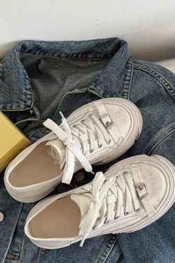 Thick-Soled Sheepskin Lace-Up Vintage White Sneakers for Women - Versatile Sports Casual Shoes, Trendy 90s Style