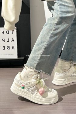 Thick-Soled Tulip Flower Design Women's Shoes, Breathable Summer Sports Footwear, Versatile Little White Sneakers