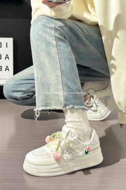 Thick-Soled Tulip Flower Design Women's Shoes, Breathable Summer Sports Footwear, Versatile Little White Sneakers