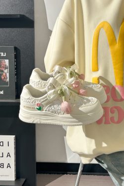 Thick-Soled Tulip Flower Design Women's Shoes, Breathable Summer Sports Footwear, Versatile Little White Sneakers