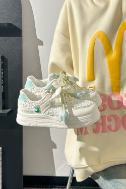 Thick-Soled Tulip Flower Design Women's Shoes, Breathable Summer Sports Footwear, Versatile Little White Sneakers