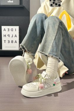 Thick-Soled Tulip Flower Design Women's Shoes, Breathable Summer Sports Footwear, Versatile Little White Sneakers