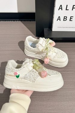 Thick-Soled Tulip Flower Design Women's Shoes, Breathable Summer Sports Footwear, Versatile Little White Sneakers