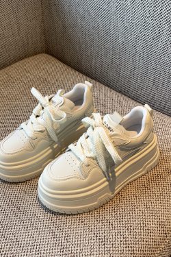 Thick-Soled White Lace-Up Sneakers for Women, Genuine Leather, Height-Increasing, Slimming Casual Spring 2025 Style