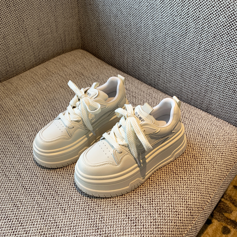 Thick-Soled White Lace-Up Sneakers for Women, Genuine Leather, Height-Increasing, Slimming Casual Spring 2025 Style Thick-Soled White Lace-Up Sneakers for Women, Genuine Leather, Height-Increasing, Slimming Casual Spring 2025 Style