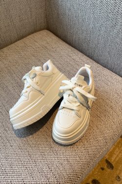 Thick-Soled White Lace-Up Sneakers for Women, Genuine Leather, Height-Increasing, Slimming Casual Spring 2025 Style