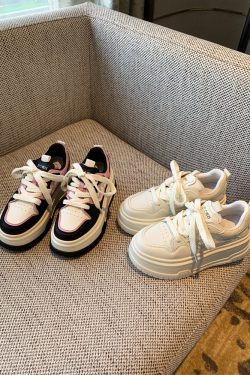 Thick-Soled White Lace-Up Sneakers for Women, Genuine Leather, Height-Increasing, Slimming Casual Spring 2025 Style