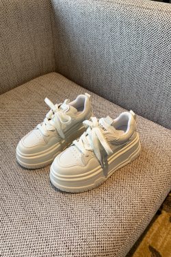 Thick-Soled White Lace-Up Sneakers for Women, Genuine Leather, Height-Increasing, Slimming Casual Spring 2025 Style