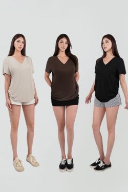 Three-Color V-Neck Loose T-Shirt - Dropped Shoulder, Cool Feel Stretch Top for Casual Style