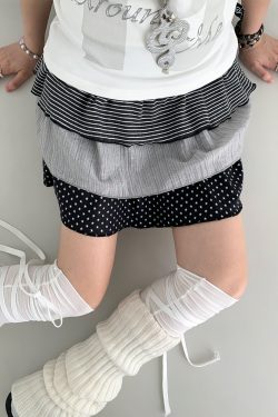 Three-Piece Women's Summer A-Line Polka Dot and Striped Pleated Cake Skirt - Trendy Patchwork Design for a Chic Look