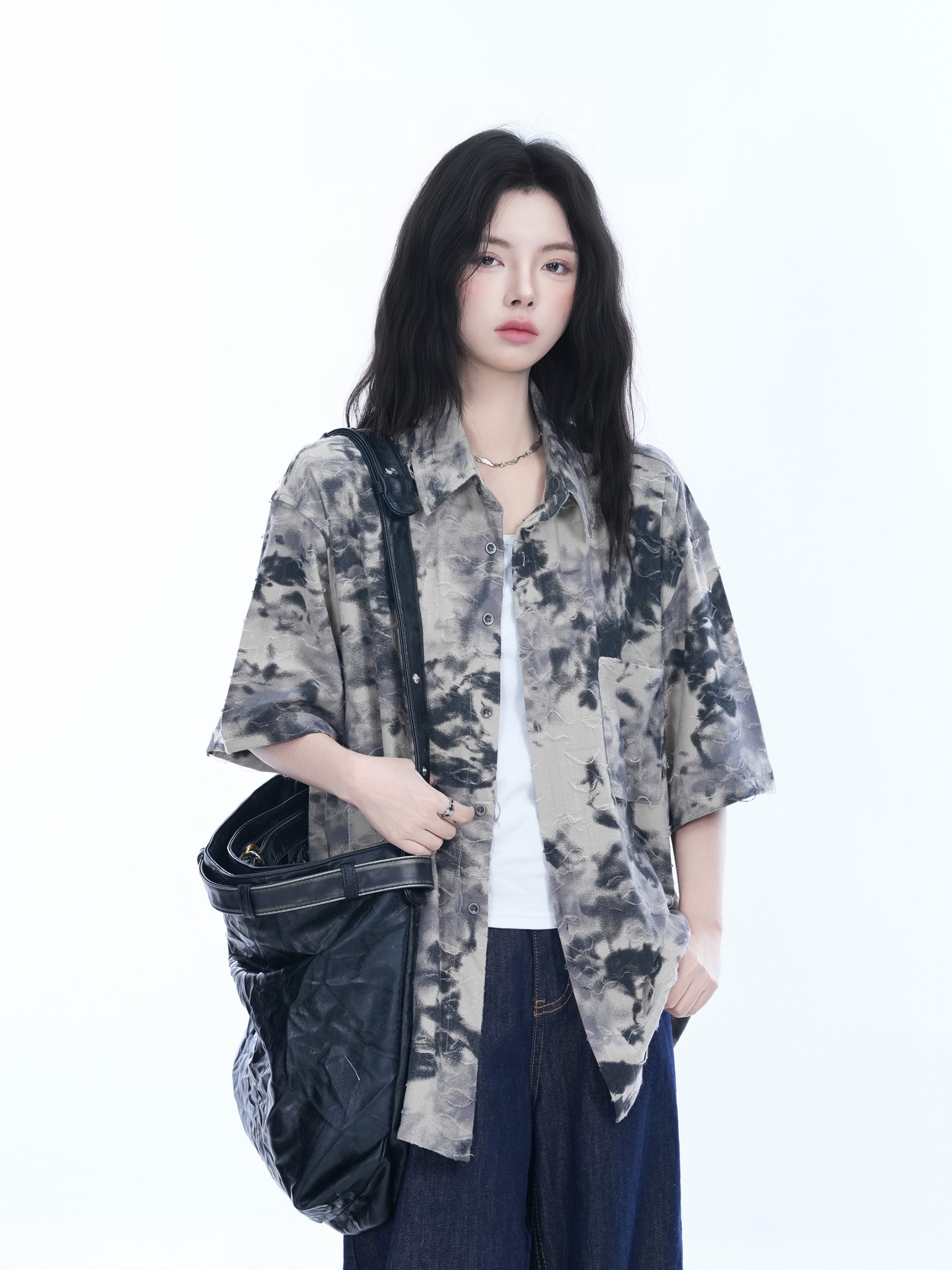 Tie-Dye Textured Short Sleeve Shirt for Women, Summer Loose Lightweight Blouse, Casual 90s Y2K Style Top Tie-Dye Textured Short Sleeve Shirt for Women, Summer Loose Lightweight Blouse, Casual 90s Y2K Style Top