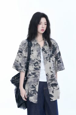 Tie-Dye Textured Short Sleeve Shirt for Women, Summer Loose Lightweight Blouse, Casual 90s Y2K Style Top