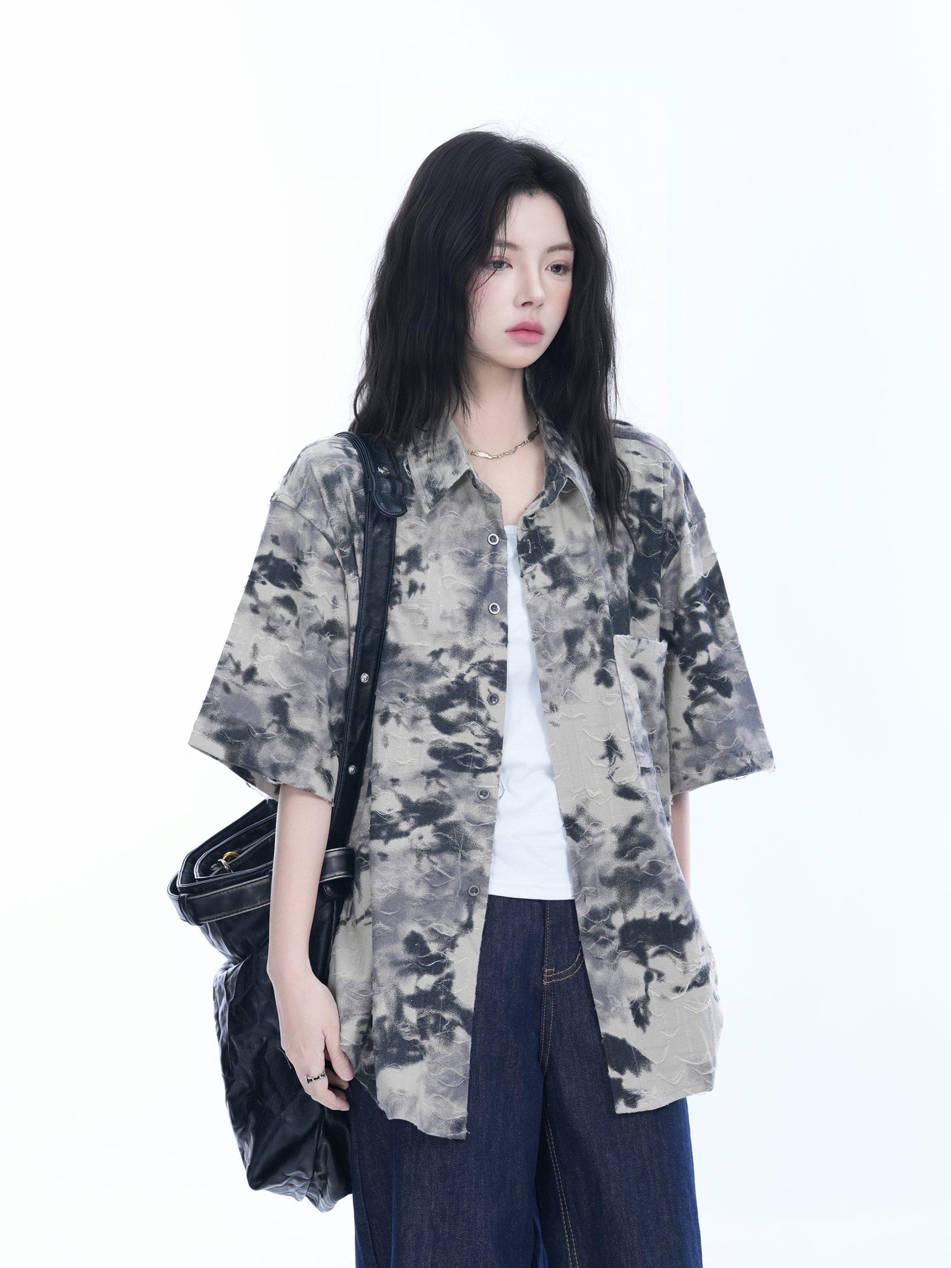 Tie-Dye Textured Short Sleeve Shirt for Women, Summer Loose Lightweight Blouse, Casual 90s Y2K Style Top Tie-Dye Textured Short Sleeve Shirt for Women, Summer Loose Lightweight Blouse, Casual 90s Y2K Style Top