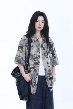 Tie-Dye Textured Short Sleeve Shirt for Women, Summer Loose Lightweight Blouse, Casual 90s Y2K Style Top