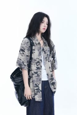 Tie-Dye Textured Short Sleeve Shirt for Women, Summer Loose Lightweight Blouse, Casual 90s Y2K Style Top