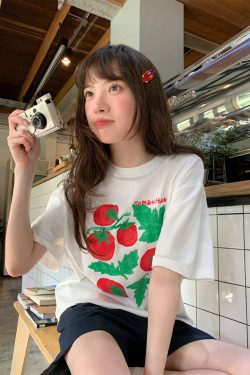 Tomato Print Casual Short Sleeve T-Shirt for Women - Summer Loose Round Neck Pure Cotton Top - Unique 90s Inspired Fashion