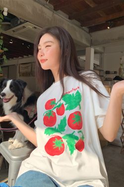 Tomato Print Casual Short Sleeve T-Shirt for Women - Summer Loose Round Neck Pure Cotton Top - Unique 90s Inspired Fashion